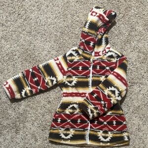 SHEIN Kids Hooded Zip Puffer Jacket in Red, Black, Cream & Yellow Aztec Print
